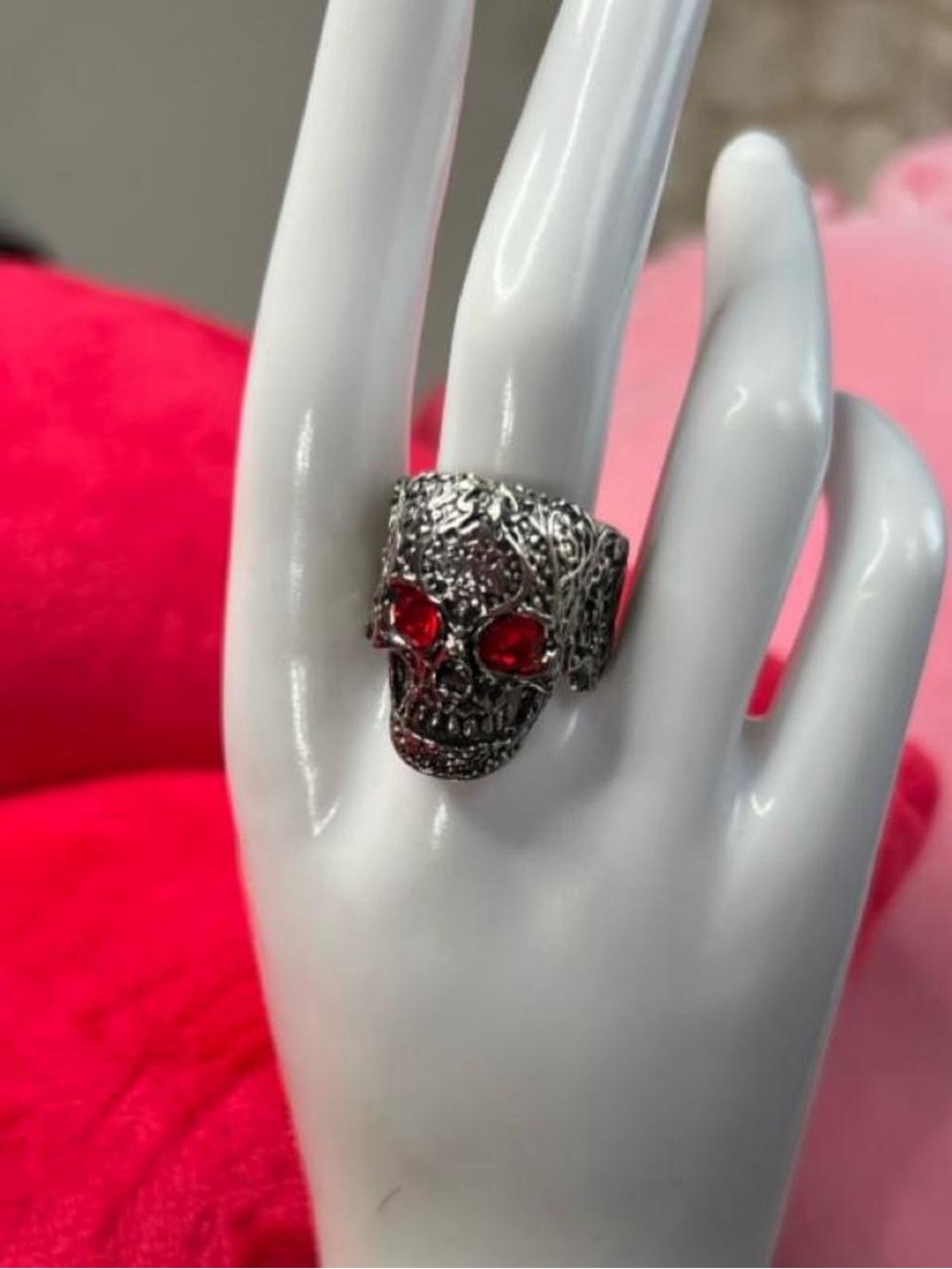 Silver Skull Ring with Red Stone Eyes - Gothic Statement Ring